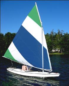 Green, white and blue Sunfish sail